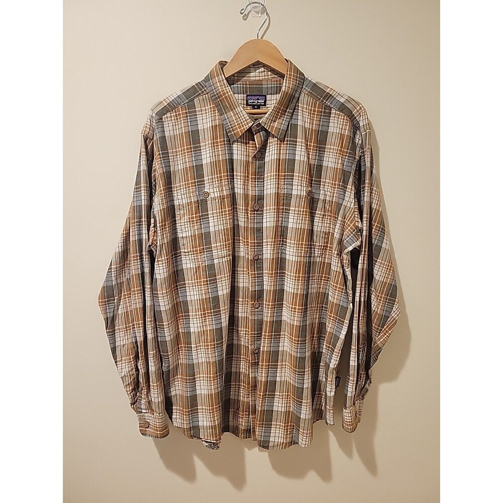 Patagonia Men's Shirt Long Sleeve Brown Plaid 100% Organic Cotton #53837 Size XL